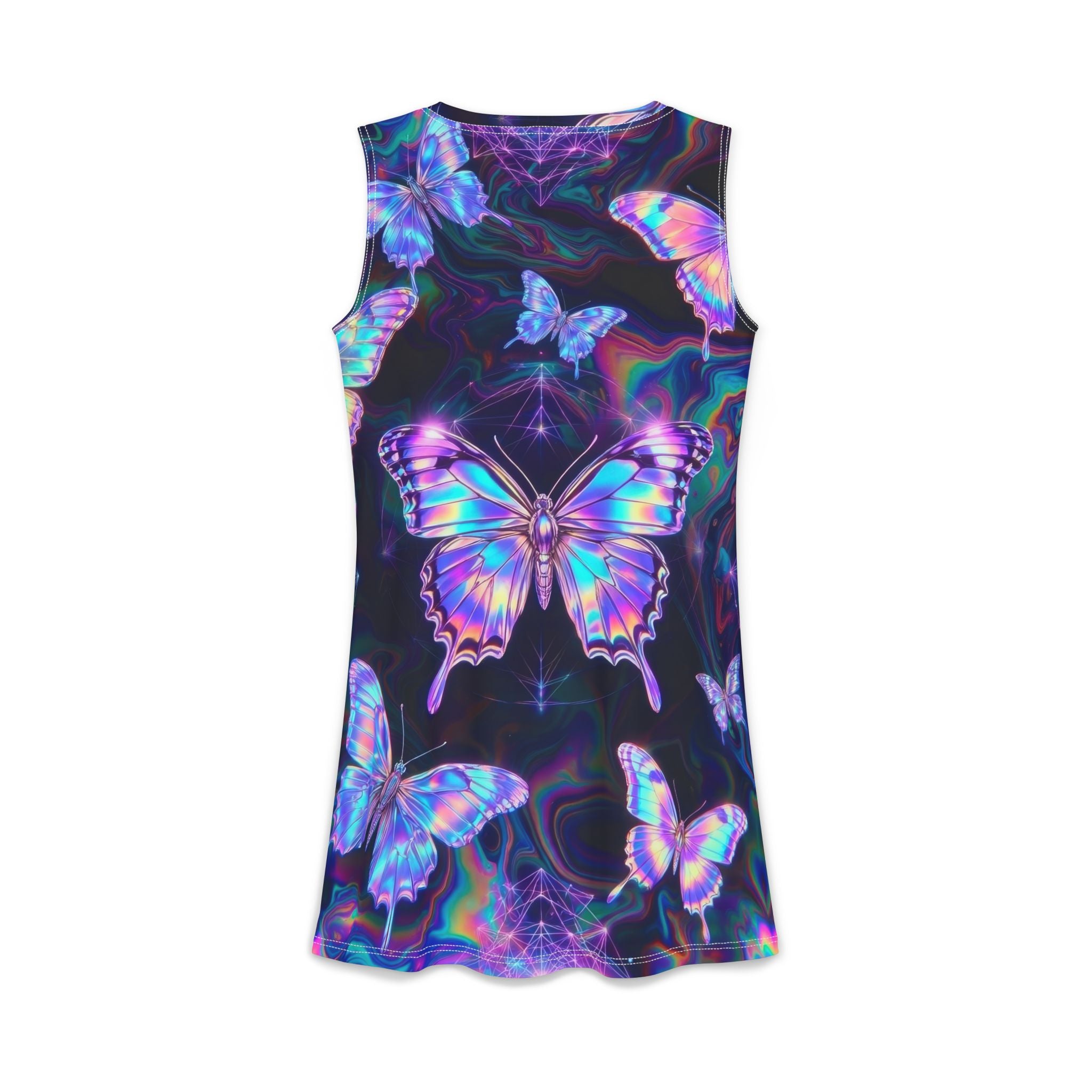 Holographic Butterfly AOP Women's Casual Dress — Iridescent Galaxy Floral Print