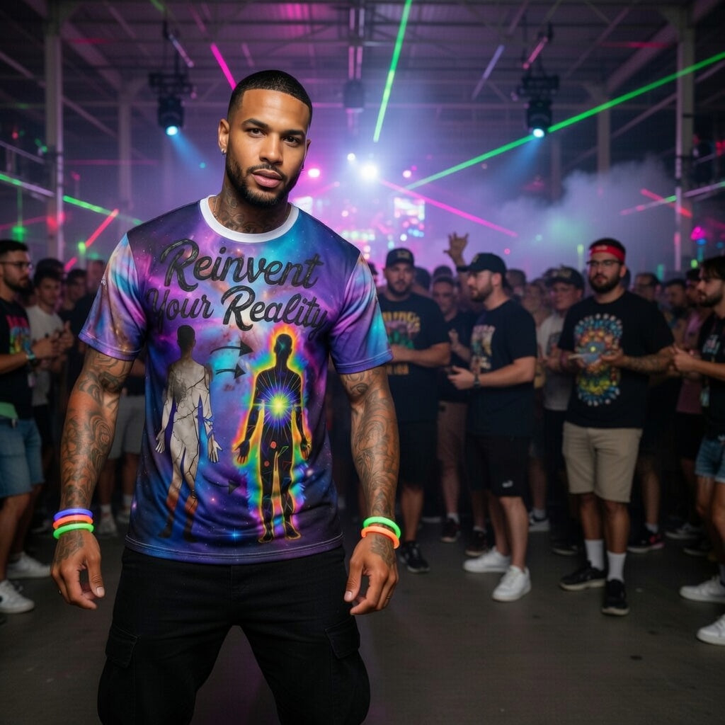 Aura Armor Rave Tee — Reinvent Your Reality Cosmic Festival Shirt