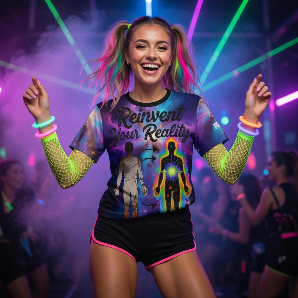 Aura Armor Rave Tee — Reinvent Your Reality Cosmic Festival Shirt