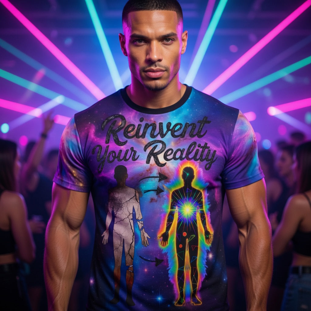 Aura Armor Rave Tee — Reinvent Your Reality Cosmic Festival Shirt