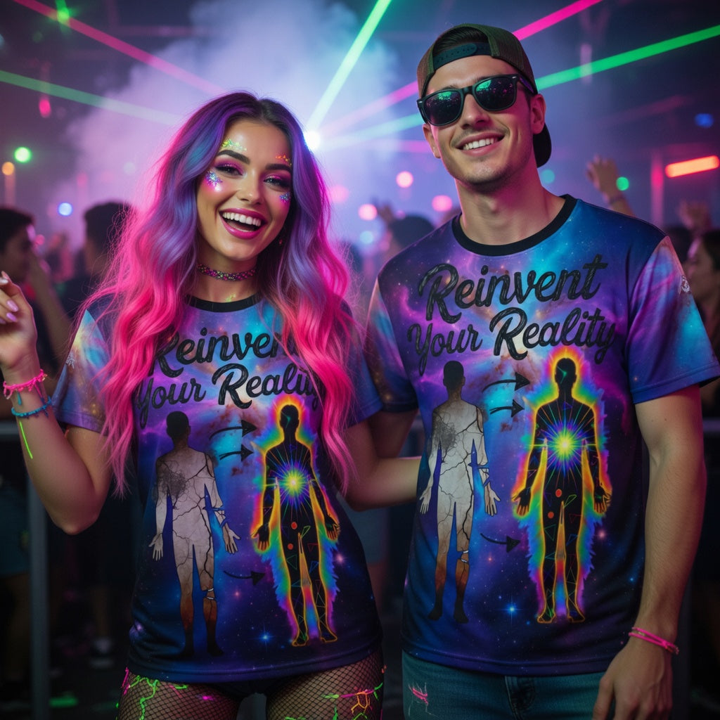 Aura Armor Rave Tee — Reinvent Your Reality Cosmic Festival Shirt