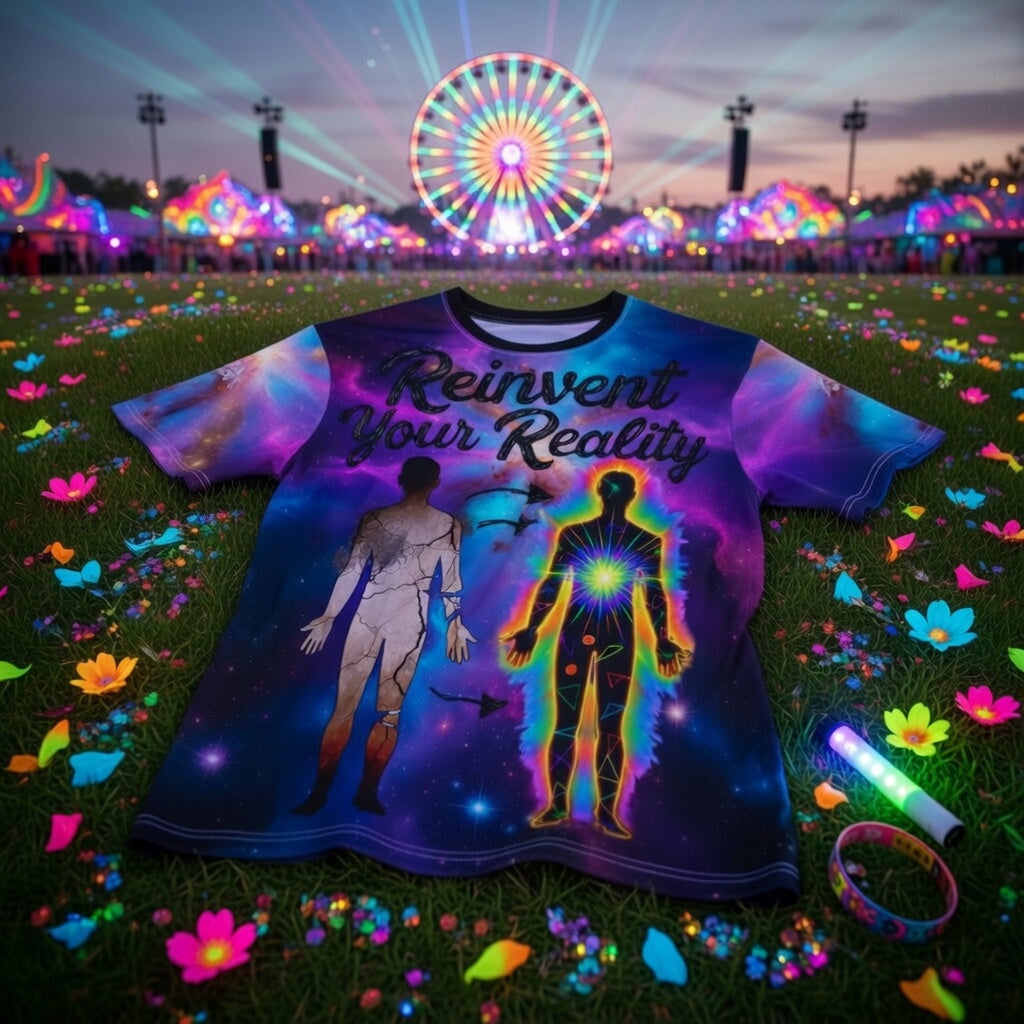Aura Armor Rave Tee — Reinvent Your Reality Cosmic Festival Shirt