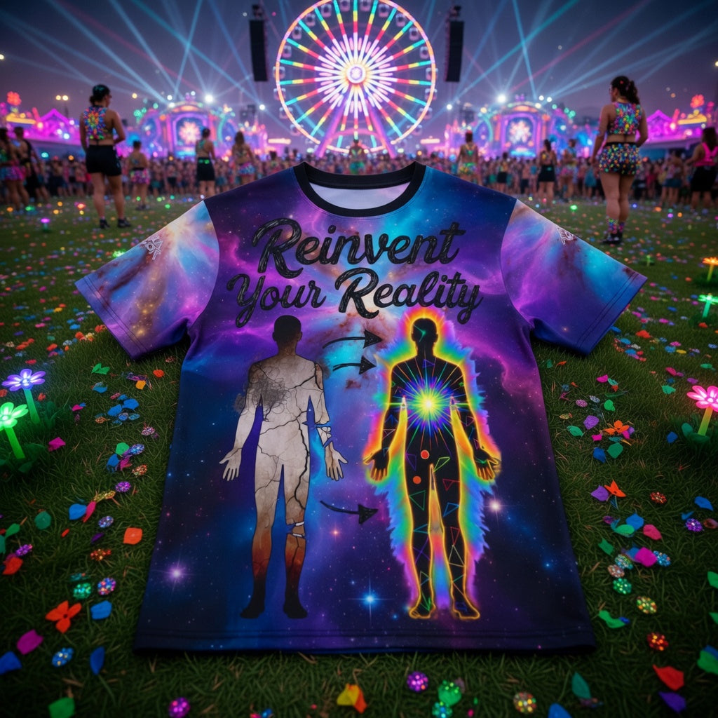 Aura Armor Rave Tee — Reinvent Your Reality Cosmic Festival Shirt