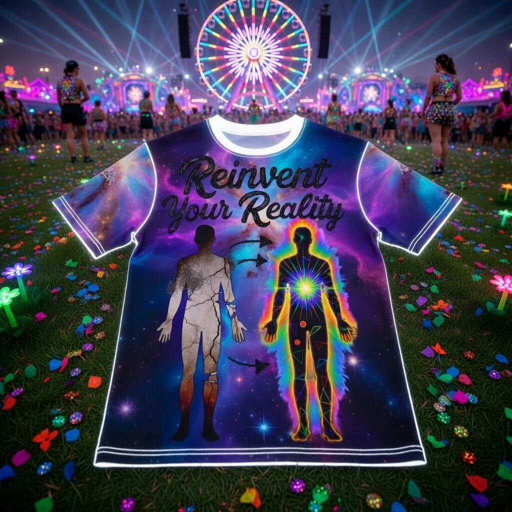 Aura Armor Rave Tee — Reinvent Your Reality Cosmic Festival Shirt