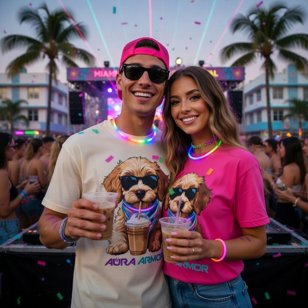 The Aura Rave Puppy T-Shirt — "Aura Armor" Dog with Sunglasses & Coffee