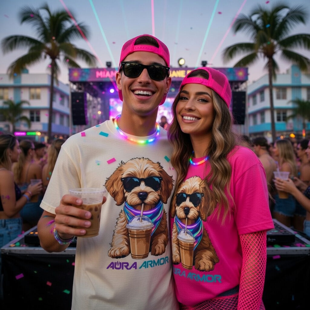 The Aura Rave Puppy T-Shirt — "Aura Armor" Dog with Sunglasses & Coffee