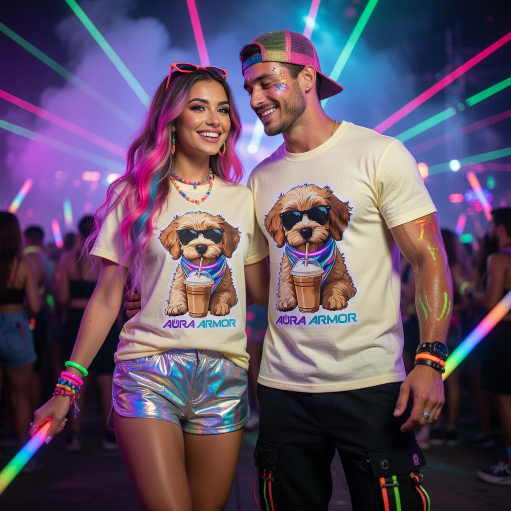 The Aura Rave Puppy T-Shirt — "Aura Armor" Dog with Sunglasses & Coffee