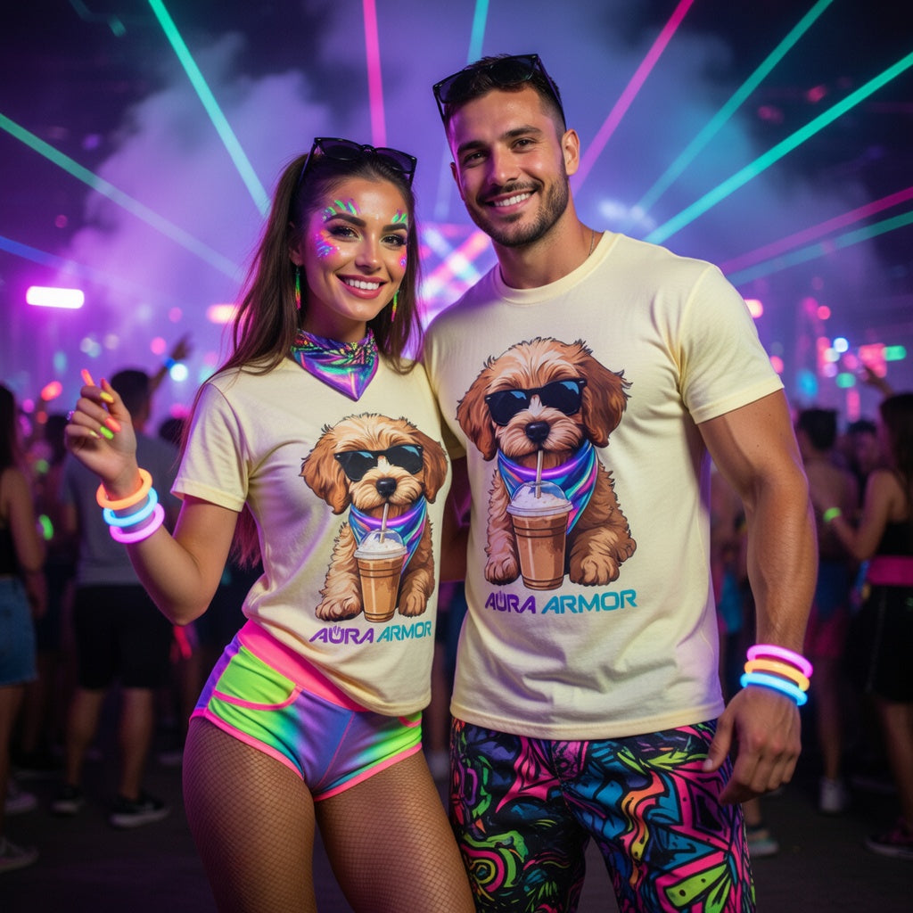 The Aura Rave Puppy T-Shirt — "Aura Armor" Dog with Sunglasses & Coffee