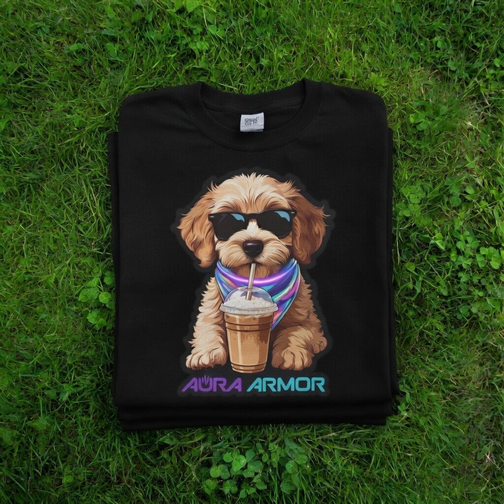 The Aura Rave Puppy T-Shirt — "Aura Armor" Dog with Sunglasses & Coffee