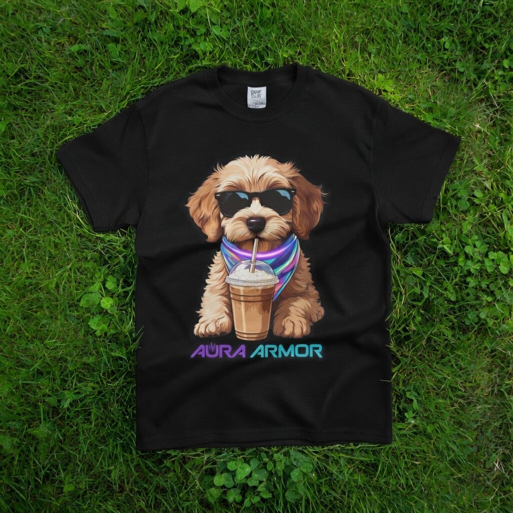 The Aura Rave Puppy T-Shirt — "Aura Armor" Dog with Sunglasses & Coffee