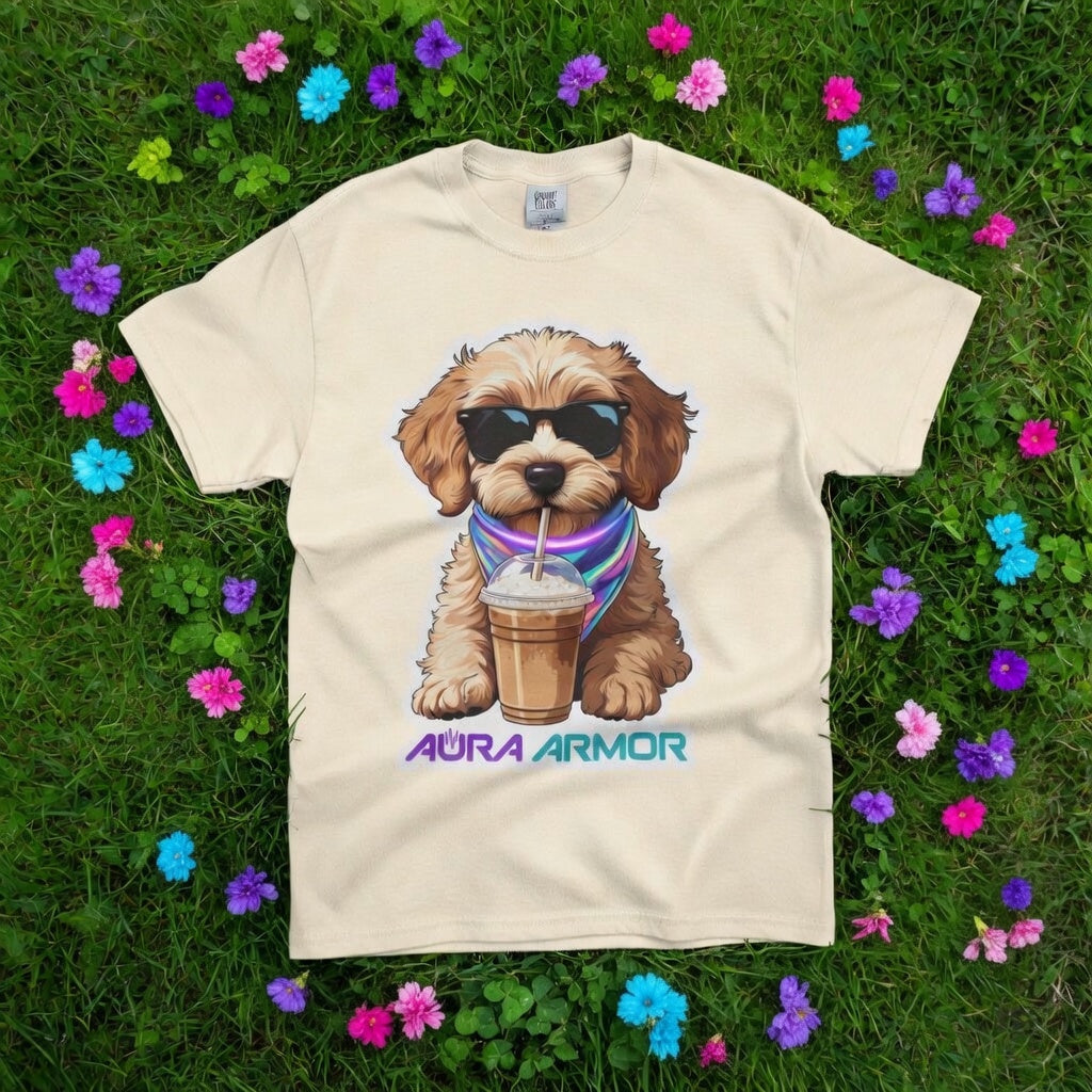 The Aura Rave Puppy T-Shirt — "Aura Armor" Dog with Sunglasses & Coffee