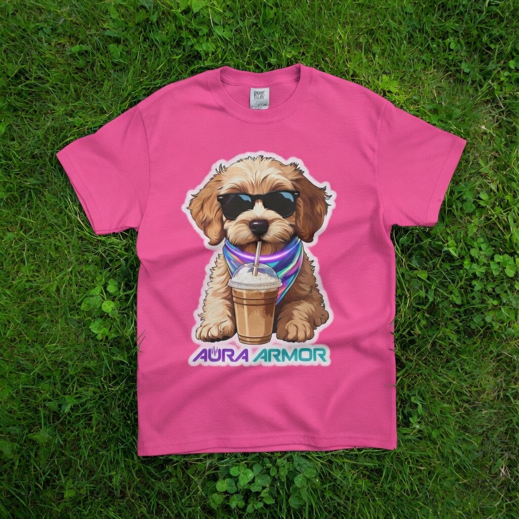 The Aura Rave Puppy T-Shirt — "Aura Armor" Dog with Sunglasses & Coffee