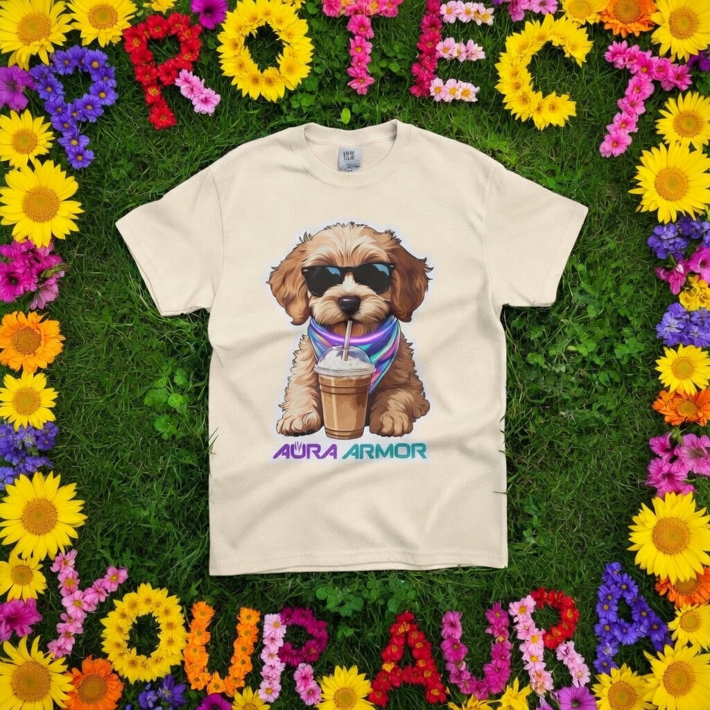 The Aura Rave Puppy T-Shirt — "Aura Armor" Dog with Sunglasses & Coffee