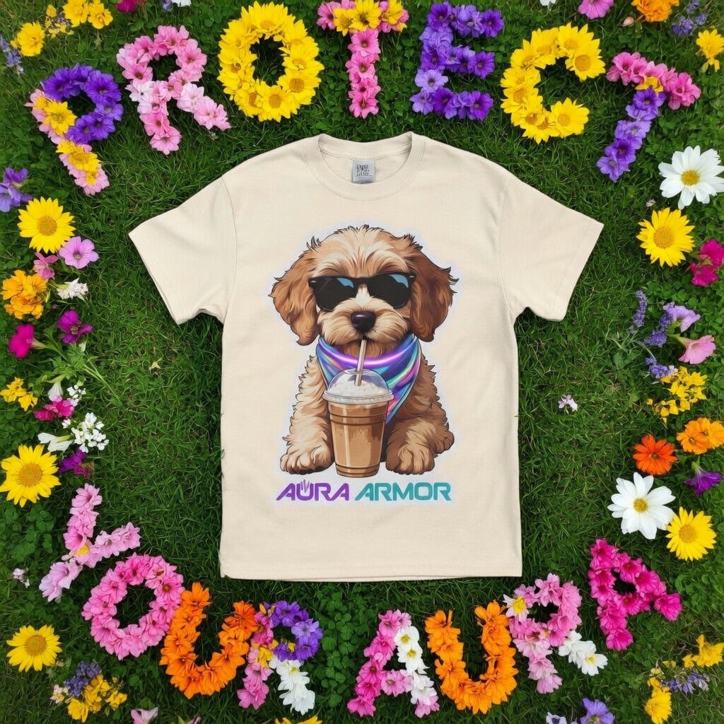 The Aura Rave Puppy T-Shirt — "Aura Armor" Dog with Sunglasses & Coffee