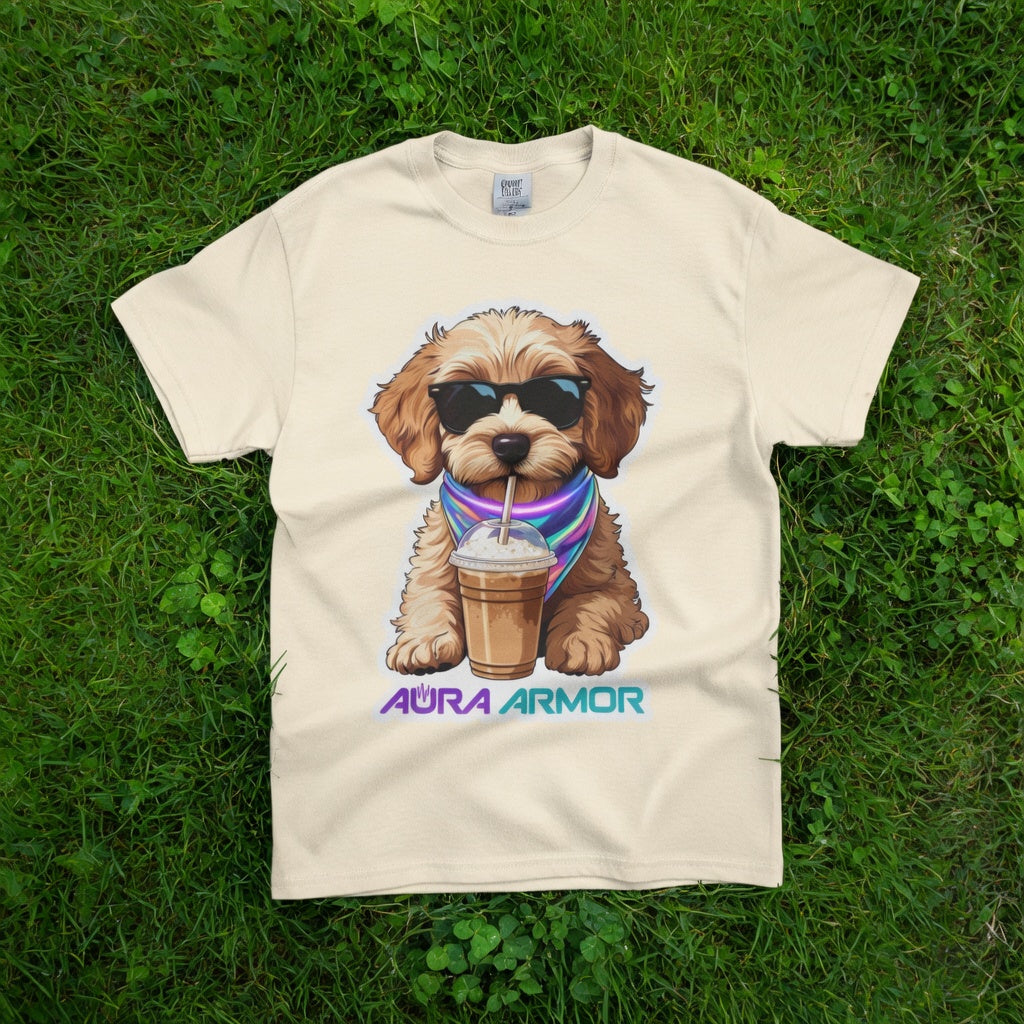 The Aura Rave Puppy T-Shirt — "Aura Armor" Dog with Sunglasses & Coffee