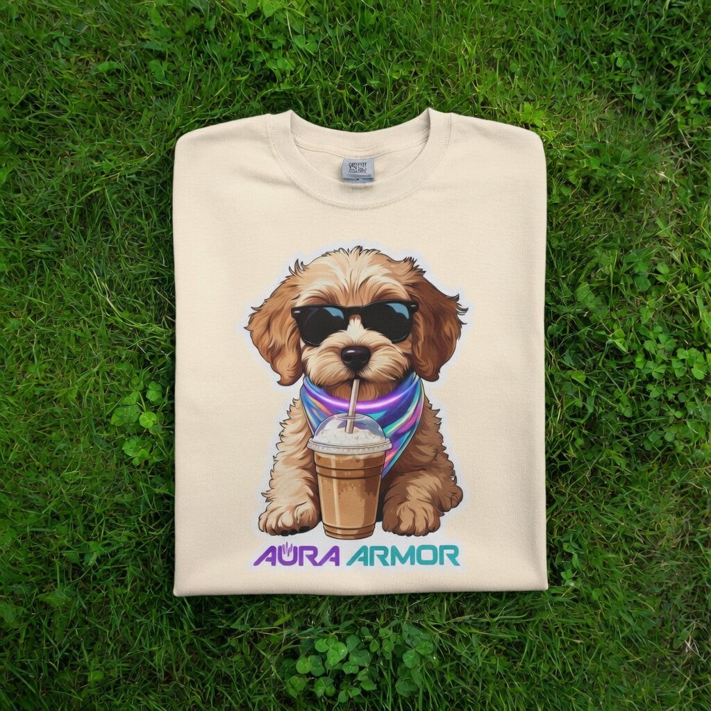 The Aura Rave Puppy T-Shirt — "Aura Armor" Dog with Sunglasses & Coffee