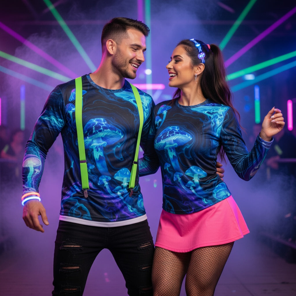 Bioluminescent Mushroom Long Sleeve Full UV Protection — Premium Trippy Rave & Festival Shirt