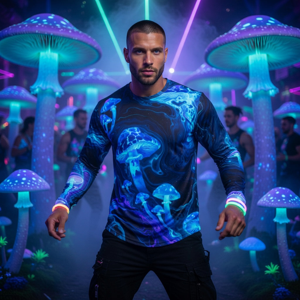 Bioluminescent Mushroom Long Sleeve Full UV Protection — Premium Trippy Rave & Festival Shirt