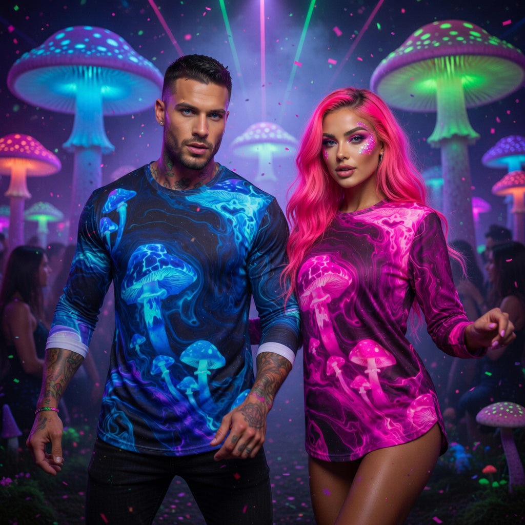 Bioluminescent Mushroom Long Sleeve Full UV Protection — Premium Trippy Rave & Festival Shirt