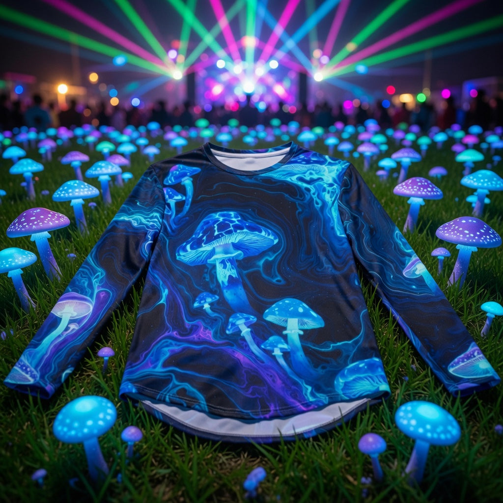 Bioluminescent Mushroom Long Sleeve Full UV Protection — Premium Trippy Rave & Festival Shirt