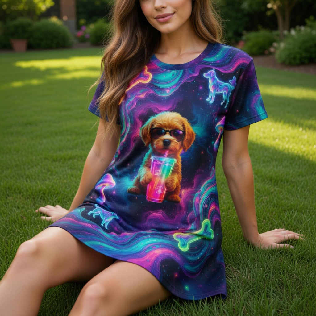 Aura Armor Puppy T-Shirt Dress — Neon Galaxy Dog Bones & Mushrooms AOP