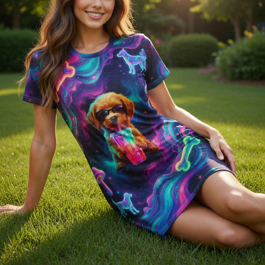 Aura Armor Puppy T-Shirt Dress — Neon Galaxy Dog Bones & Mushrooms AOP