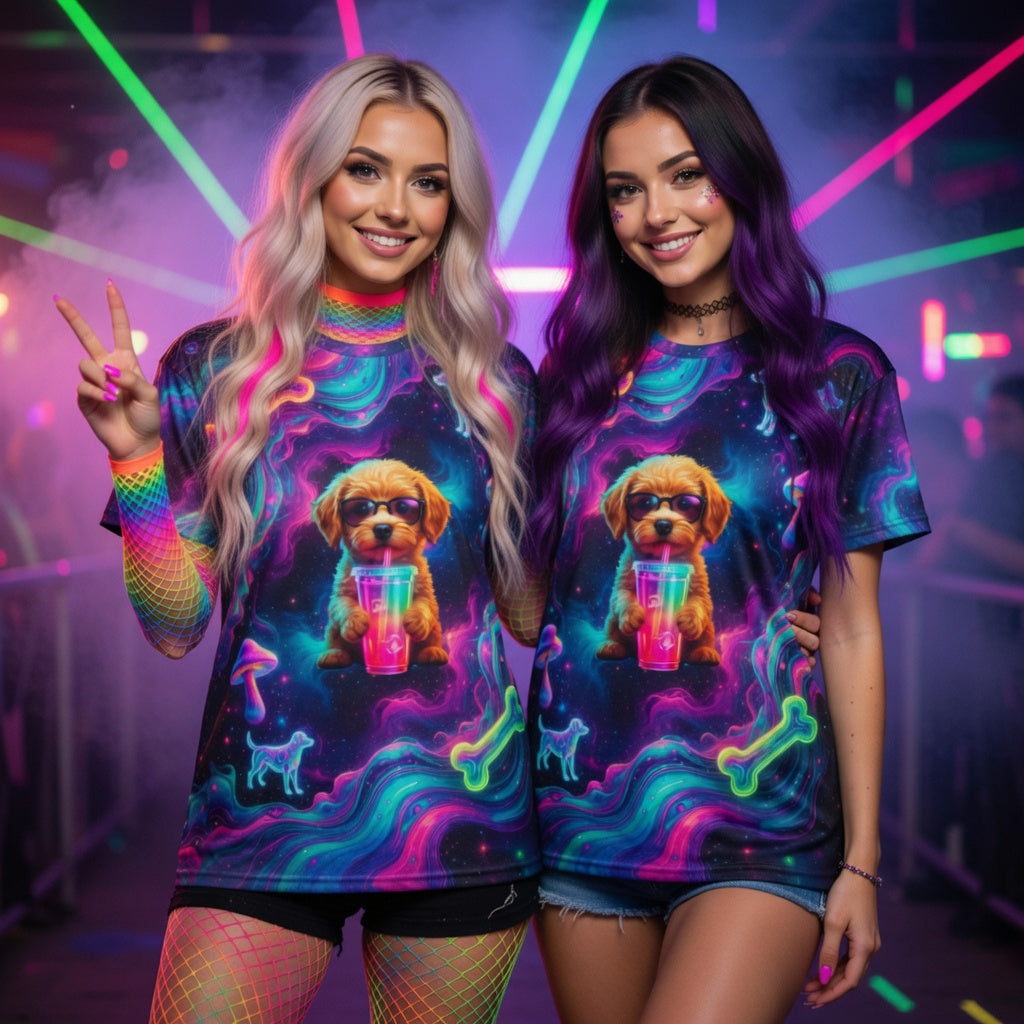 Aura Armor Puppy T-Shirt Dress — Neon Galaxy Dog Bones & Mushrooms AOP