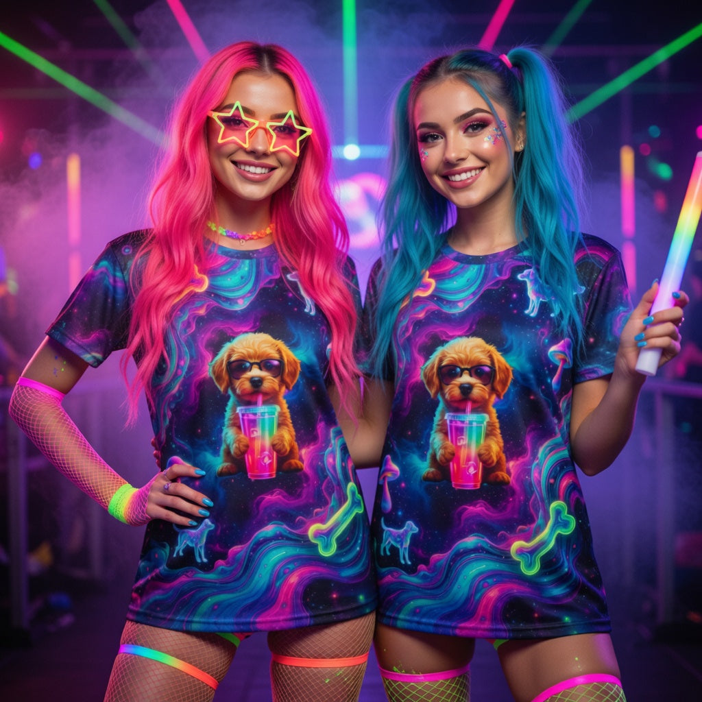 Aura Armor Puppy T-Shirt Dress — Neon Galaxy Dog Bones & Mushrooms AOP