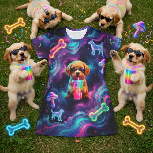 Aura Armor Puppy T-Shirt Dress — Neon Galaxy Dog Bones & Mushrooms AOP