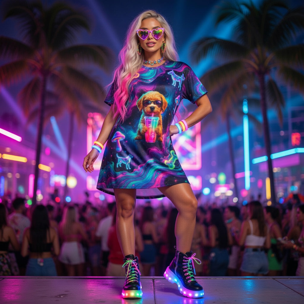 Aura Armor Puppy T-Shirt Dress — Neon Galaxy Dog Bones & Mushrooms AOP