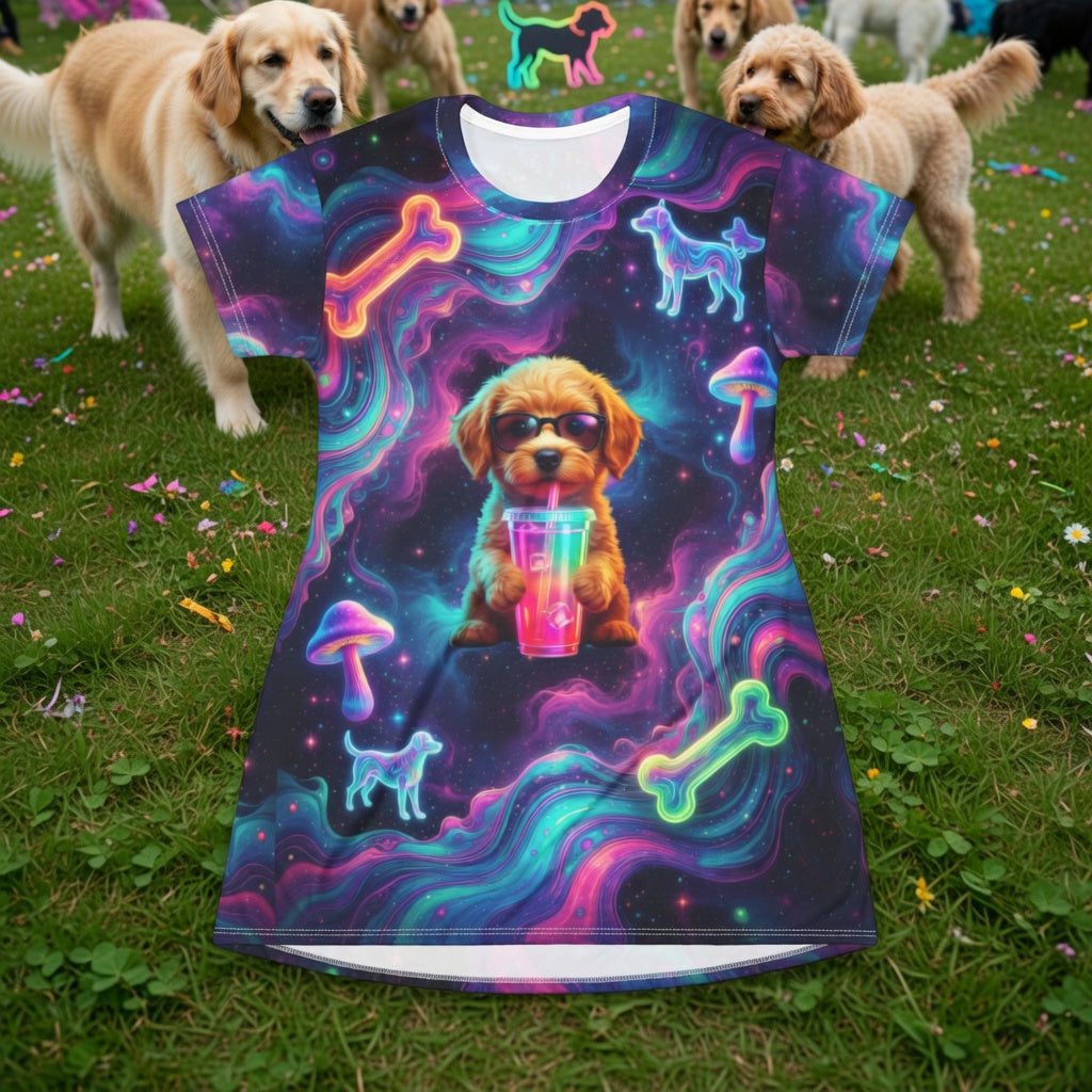 Aura Armor Puppy T-Shirt Dress — Neon Galaxy Dog Bones & Mushrooms AOP