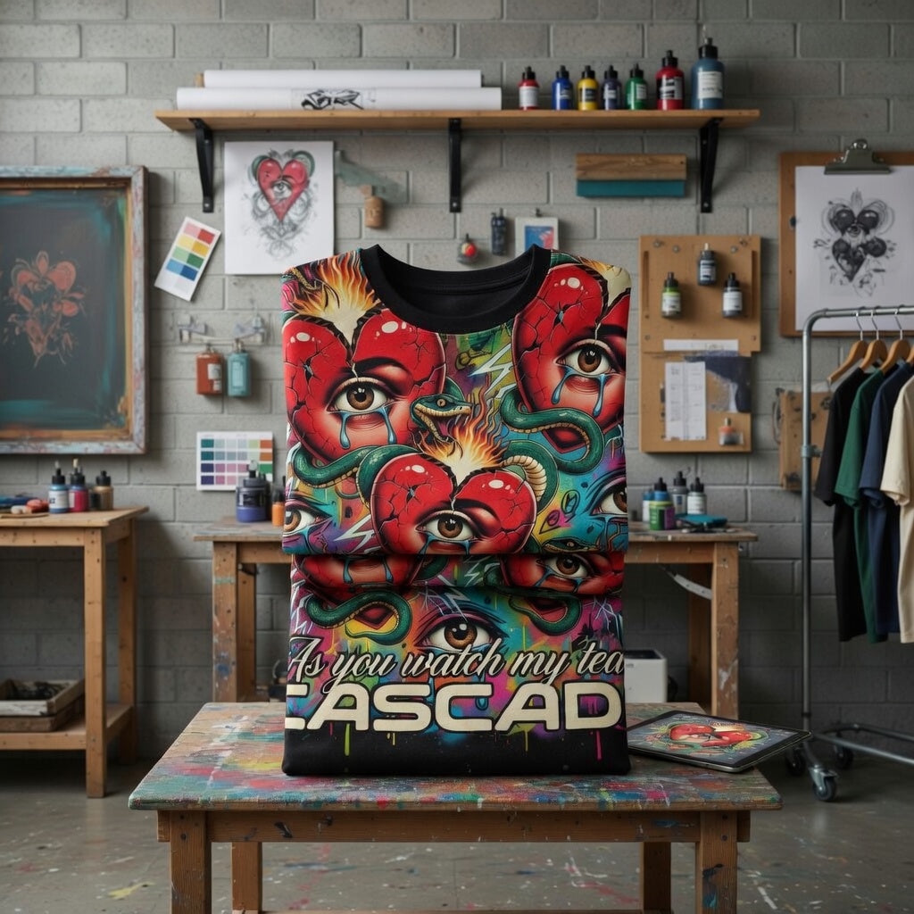 Cascade Heart Eye T-Shirt — Psychedelic All-Over Print Graphic Tee