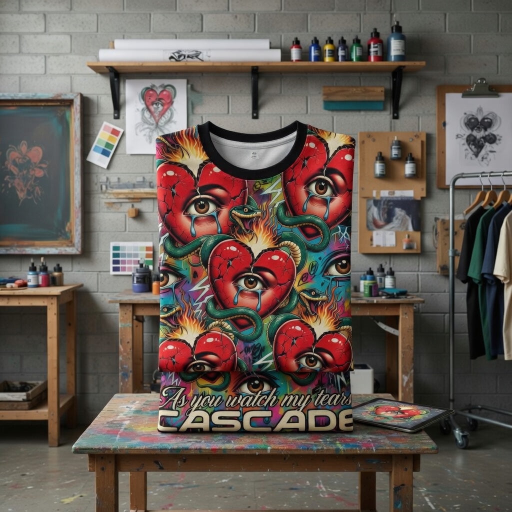 Cascade Heart Eye T-Shirt — Psychedelic All-Over Print Graphic Tee
