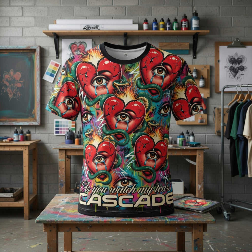 Cascade Heart Eye T-Shirt — Psychedelic All-Over Print Graphic Tee