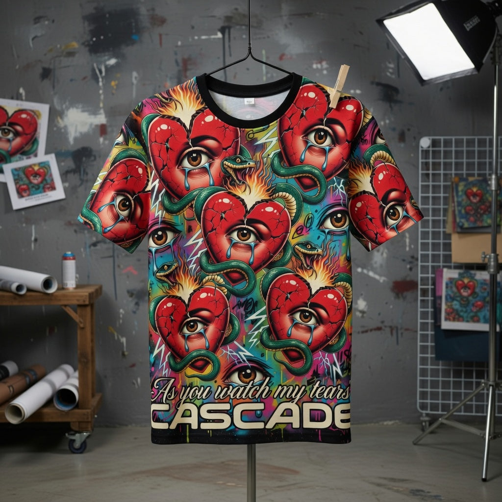Cascade Heart Eye T-Shirt — Psychedelic All-Over Print Graphic Tee