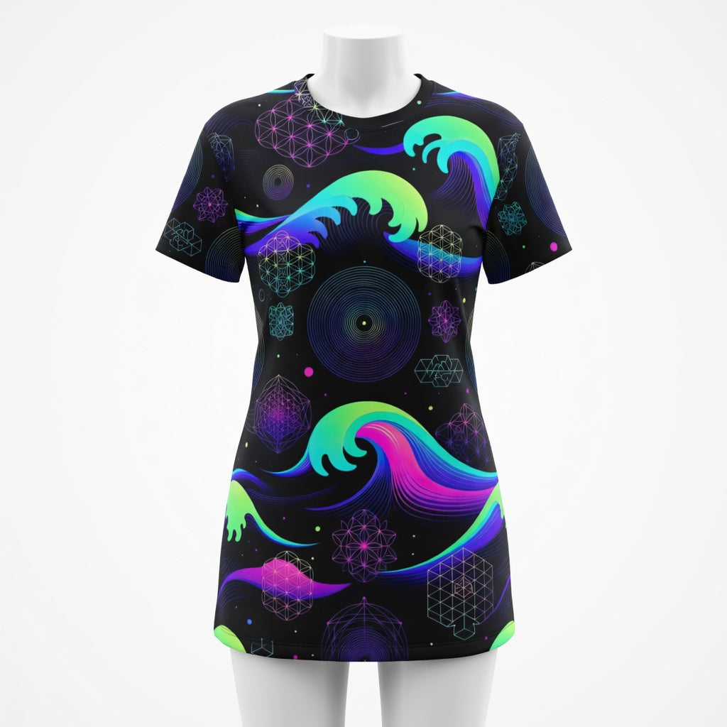 Neon Sacred Geometry Wave T-Shirt Dress, Aura Armor Abstract Art Festival Streetwear Dress