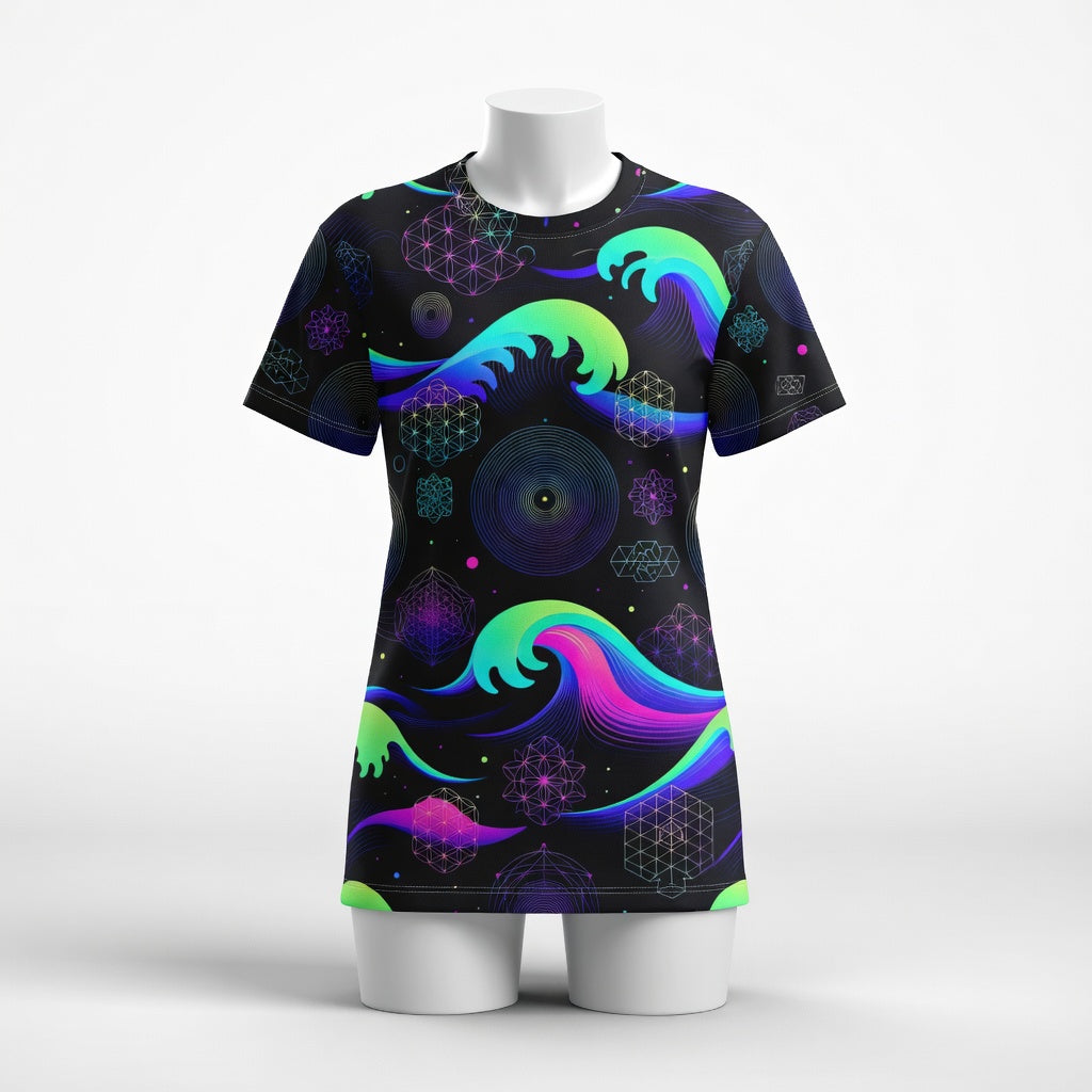Neon Sacred Geometry Wave T-Shirt Dress, Aura Armor Abstract Art Festival Streetwear Dress