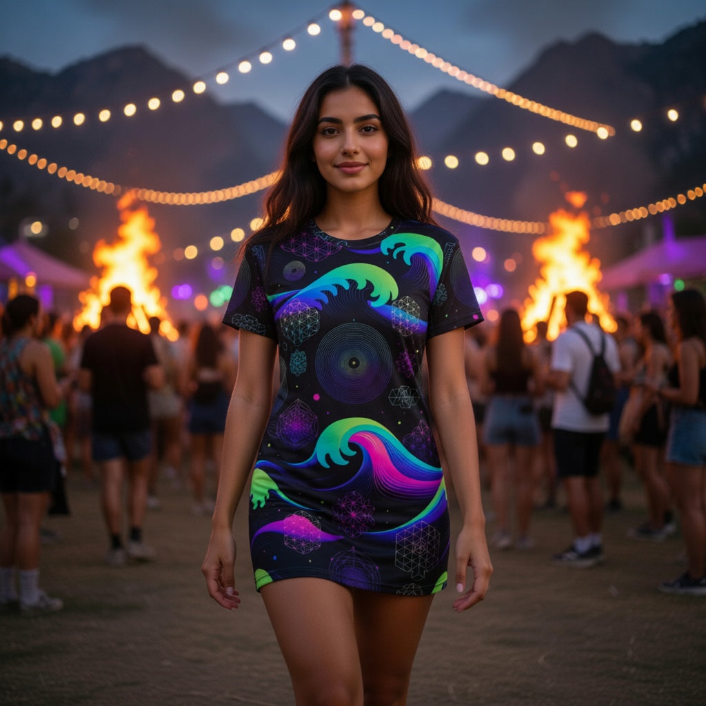 Neon Sacred Geometry Wave T-Shirt Dress, Aura Armor Abstract Art Festival Streetwear Dress