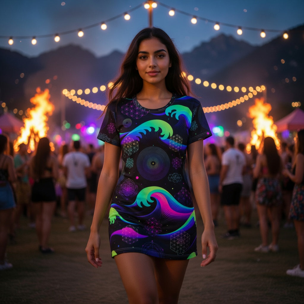 Neon Sacred Geometry Wave T-Shirt Dress, Aura Armor Abstract Art Festival Streetwear Dress