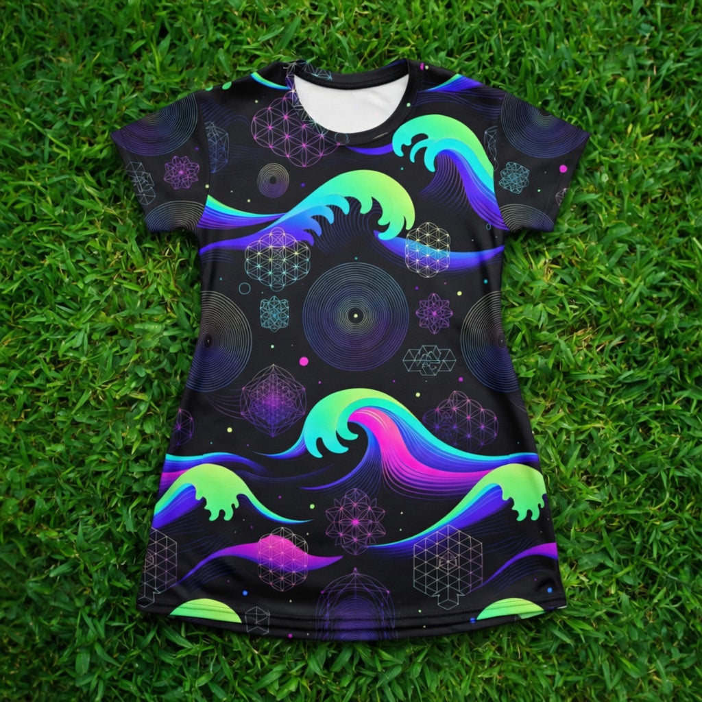 Neon Sacred Geometry Wave T-Shirt Dress, Aura Armor Abstract Art Festival Streetwear Dress