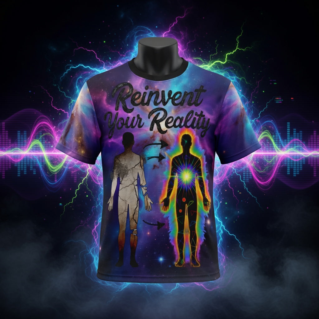 Aura Armor Rave Tee — Reinvent Your Reality Cosmic Festival Shirt