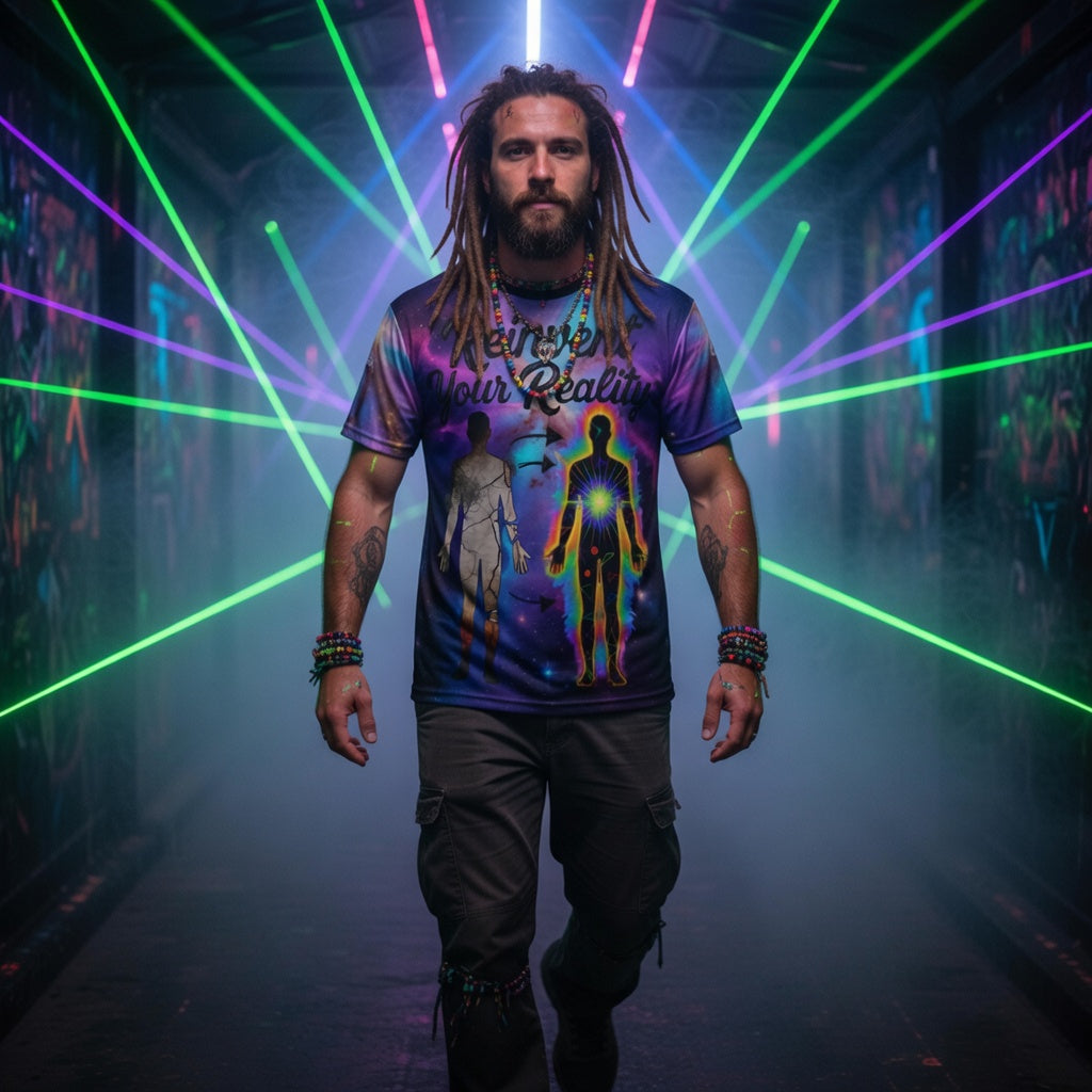 Aura Armor Rave Tee — Reinvent Your Reality Cosmic Festival Shirt