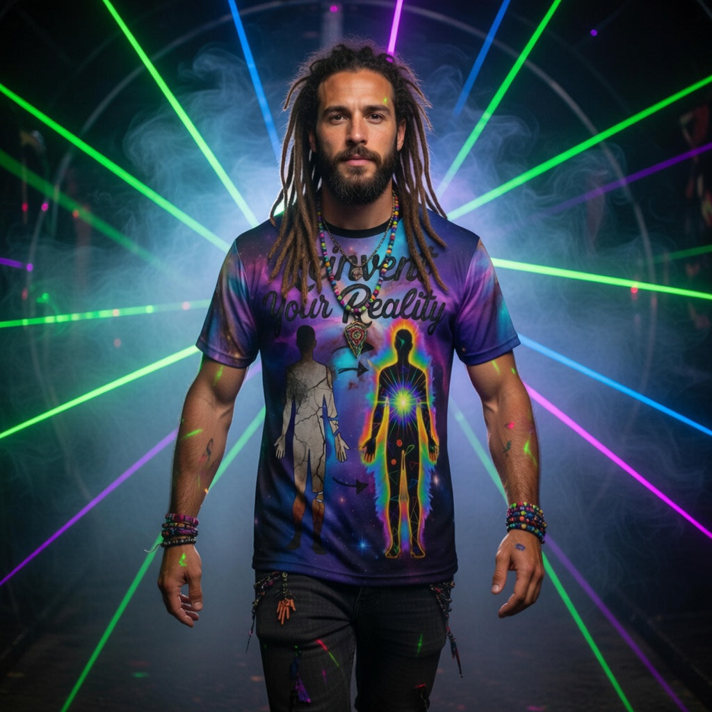 Aura Armor Rave Tee — Reinvent Your Reality Cosmic Festival Shirt