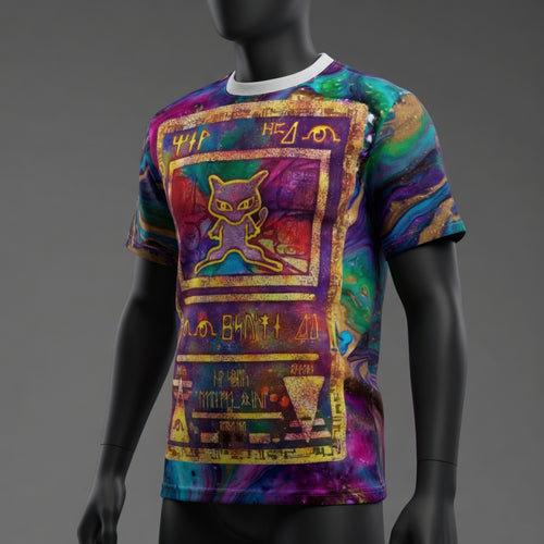 Ancient Mew Promo Holographic Card T shirt — Official Aura Armor Festival AOP Tee Comic Con EDC Lost Lands