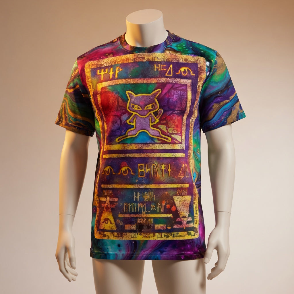 Ancient Mew Promo Holographic Card T shirt — Official Aura Armor Festival AOP Tee Comic Con EDC Lost Lands