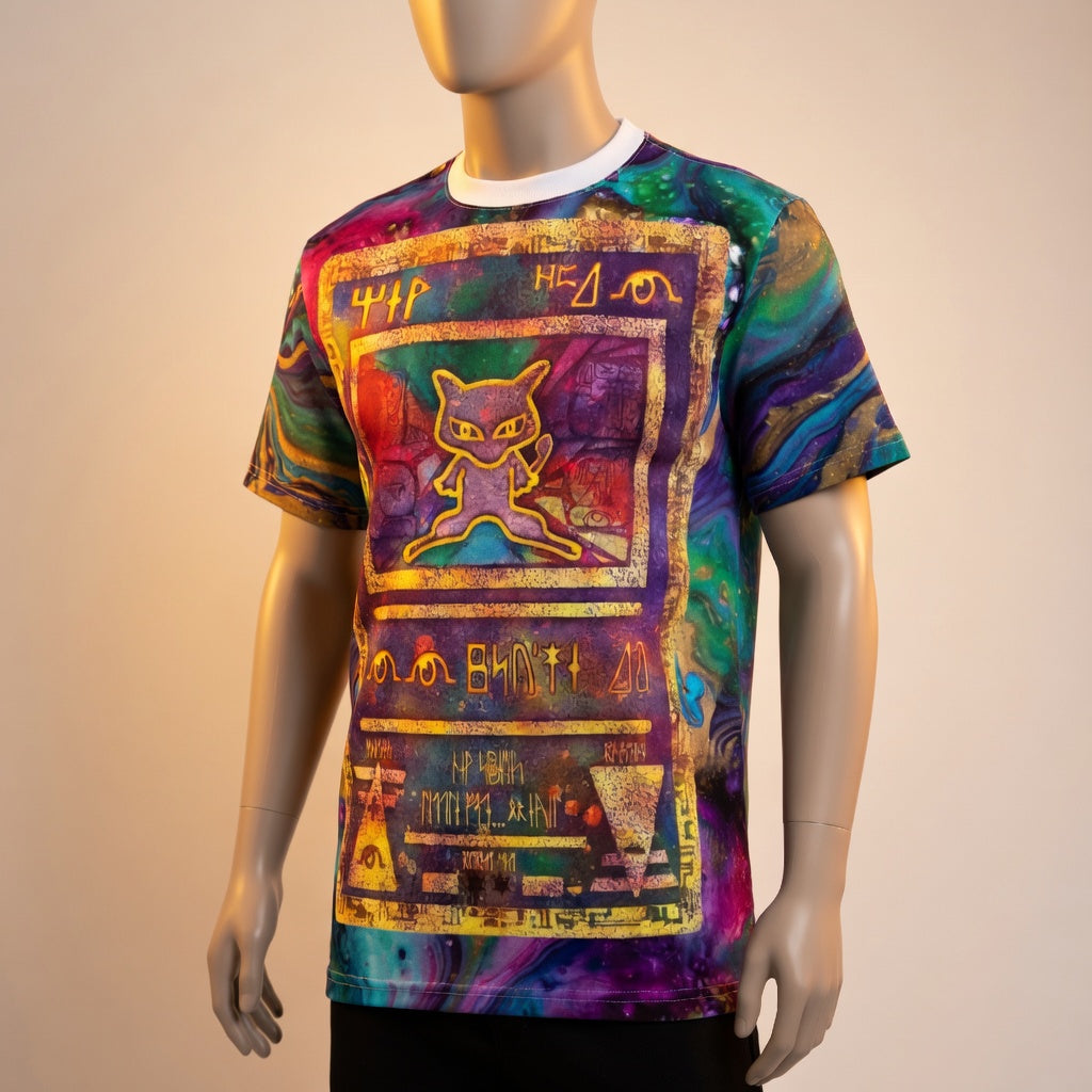 Ancient Mew Promo Holographic Card T shirt — Official Aura Armor Festival AOP Tee Comic Con EDC Lost Lands