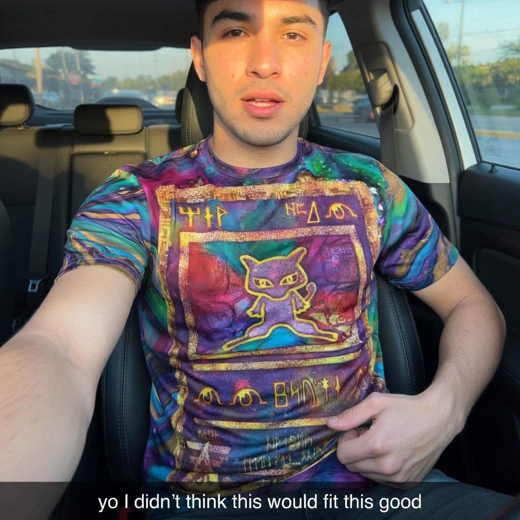 Ancient Mew Promo Holographic Card T shirt — Official Aura Armor Festival AOP Tee Comic Con EDC Lost Lands