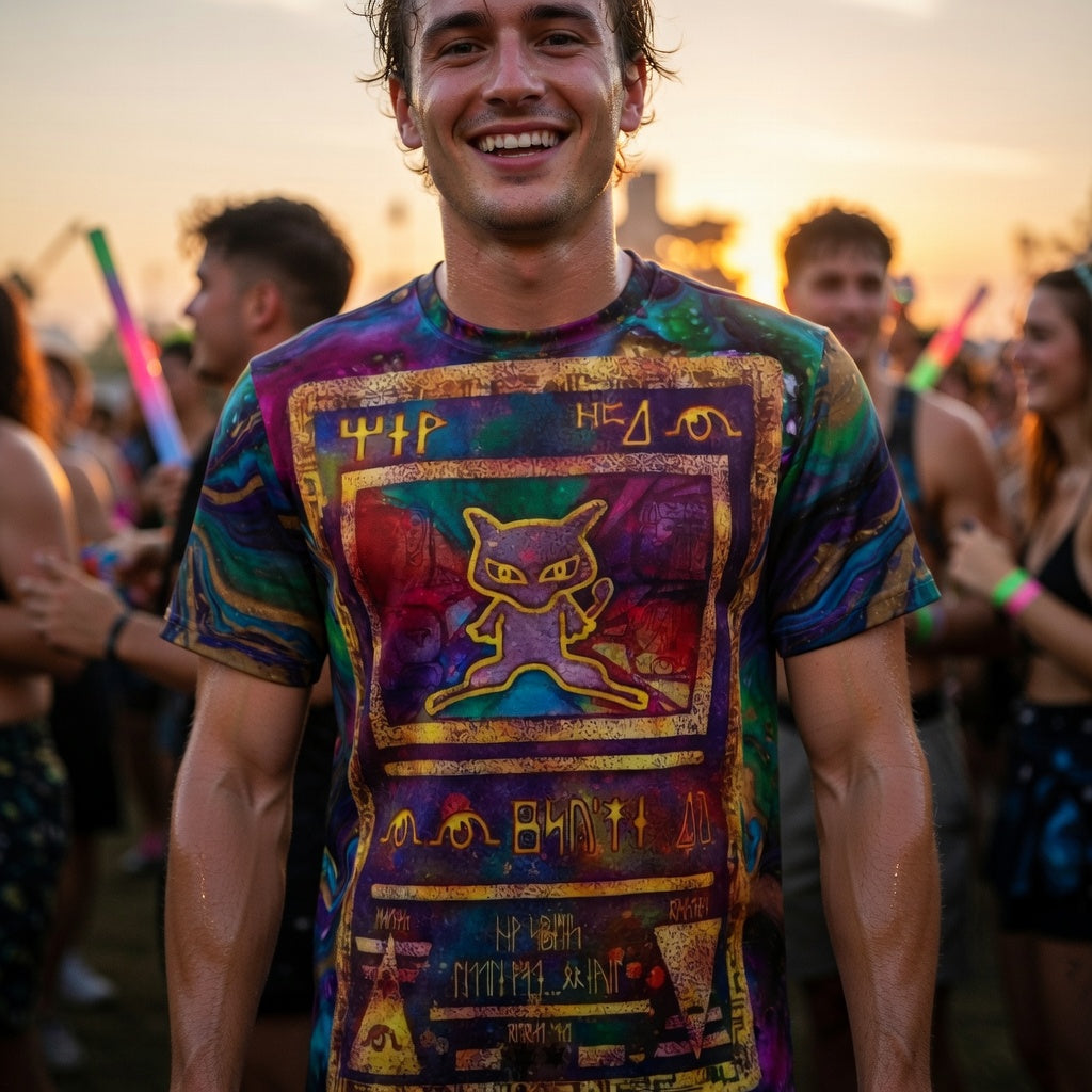 Ancient Mew Promo Holographic Card T shirt — Official Aura Armor Festival AOP Tee Comic Con EDC Lost Lands