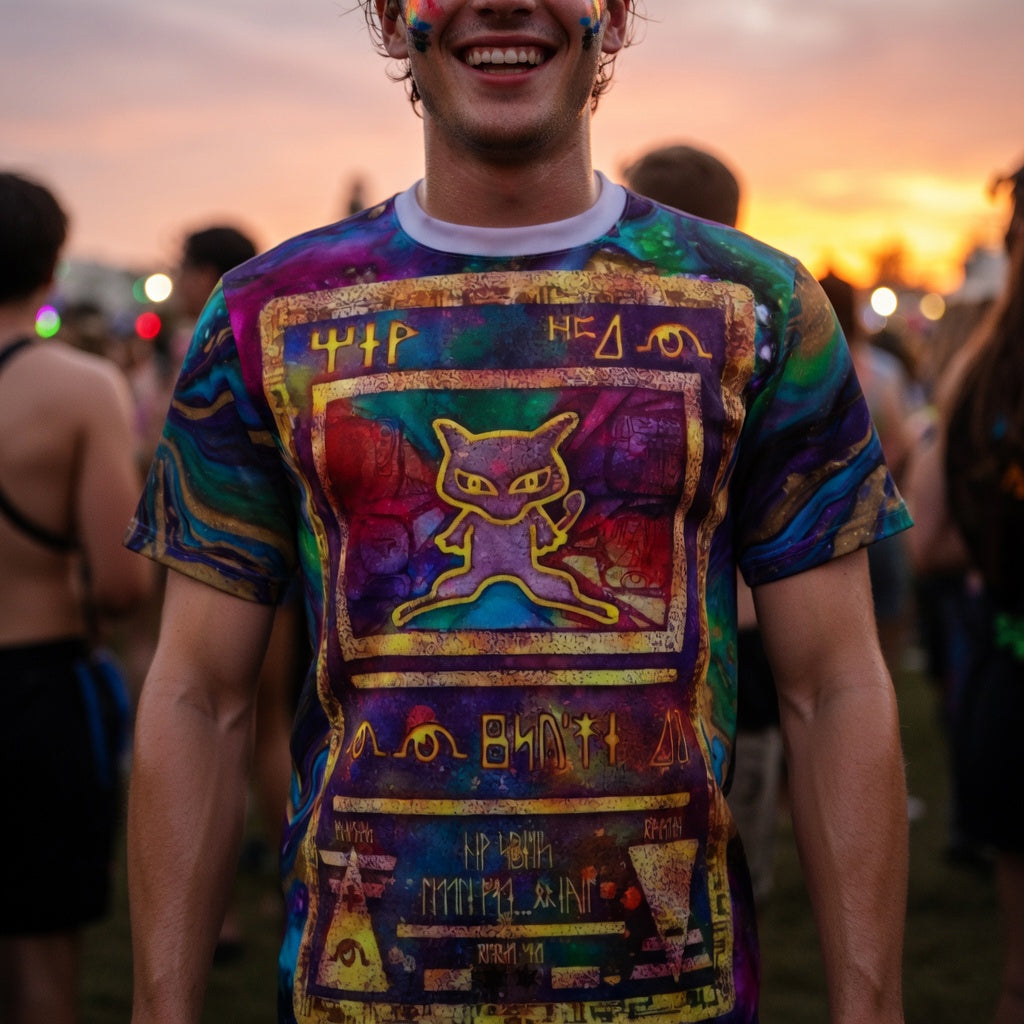 Ancient Mew Promo Holographic Card T shirt — Official Aura Armor Festival AOP Tee Comic Con EDC Lost Lands