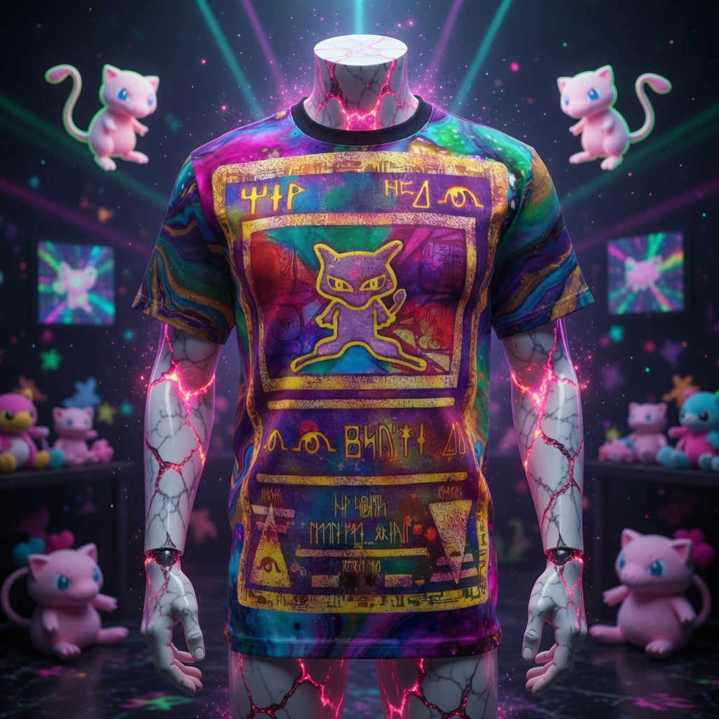 Ancient Mew Promo Holographic Card T shirt — Official Aura Armor Festival AOP Tee Comic Con EDC Lost Lands
